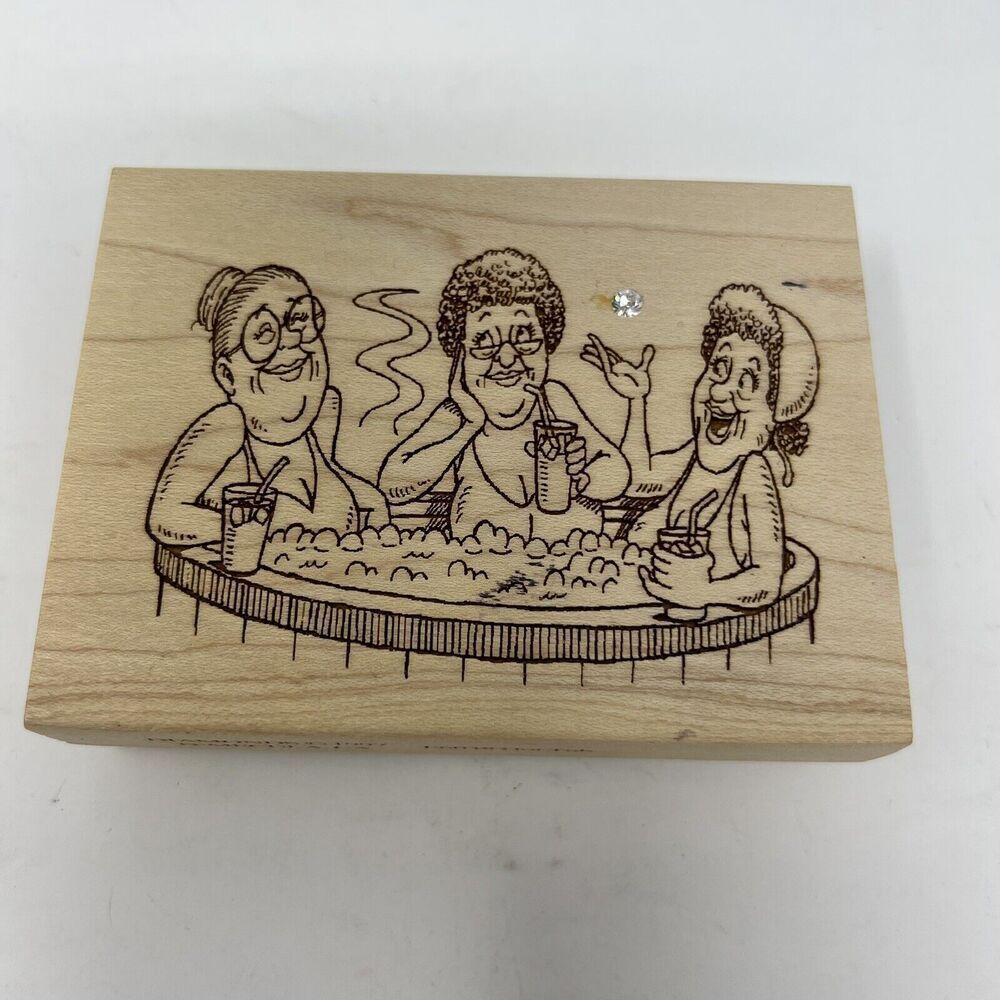 Vintage Old Ladies in Hot Tub Drinks Funny Rubber Stamp DIAMONDS CO. F6038 1997